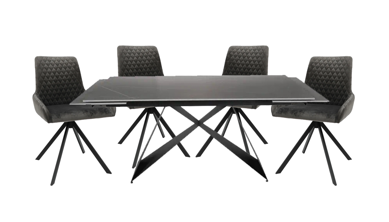Zeta  1.6m - 2.4m Extending Table and 4 Velvet Dining Chairs