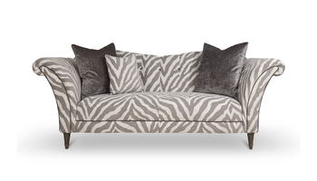 zebra print 2 seater fabric sofa with cushions and dark feet