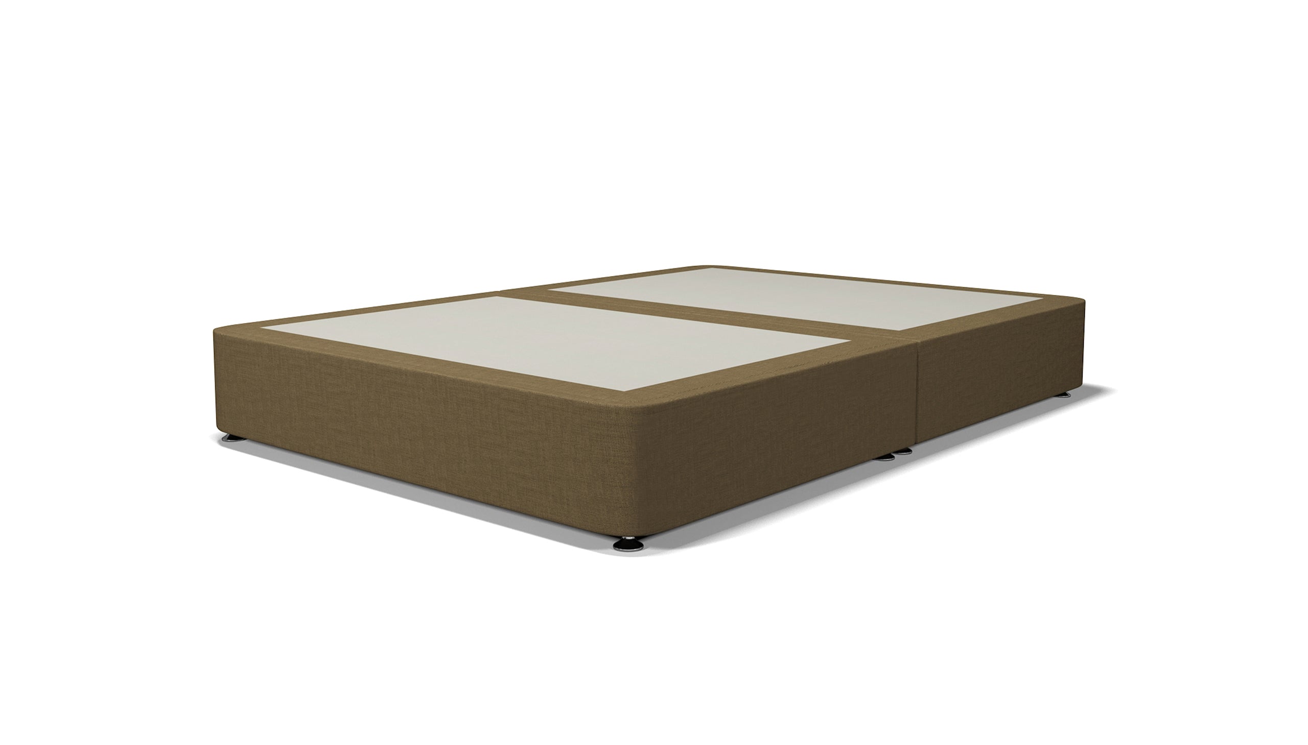 brown fabric Super King bed base with silver caster feet