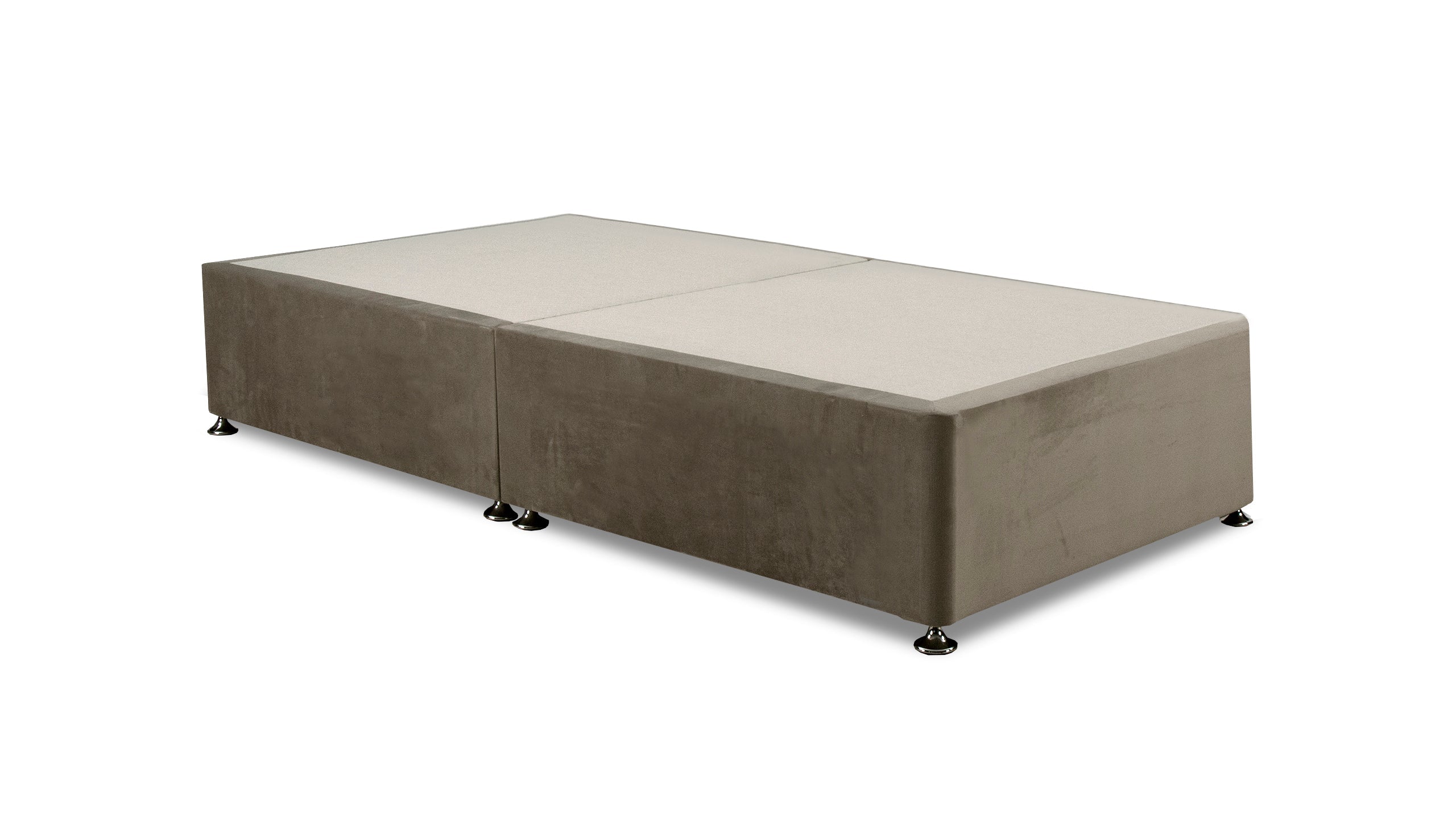 platinum coloured fabric single bed base with silver caster feet