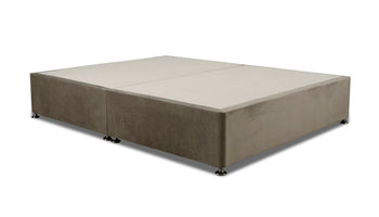 platinum coloured fabric King bed base with silver caster feet