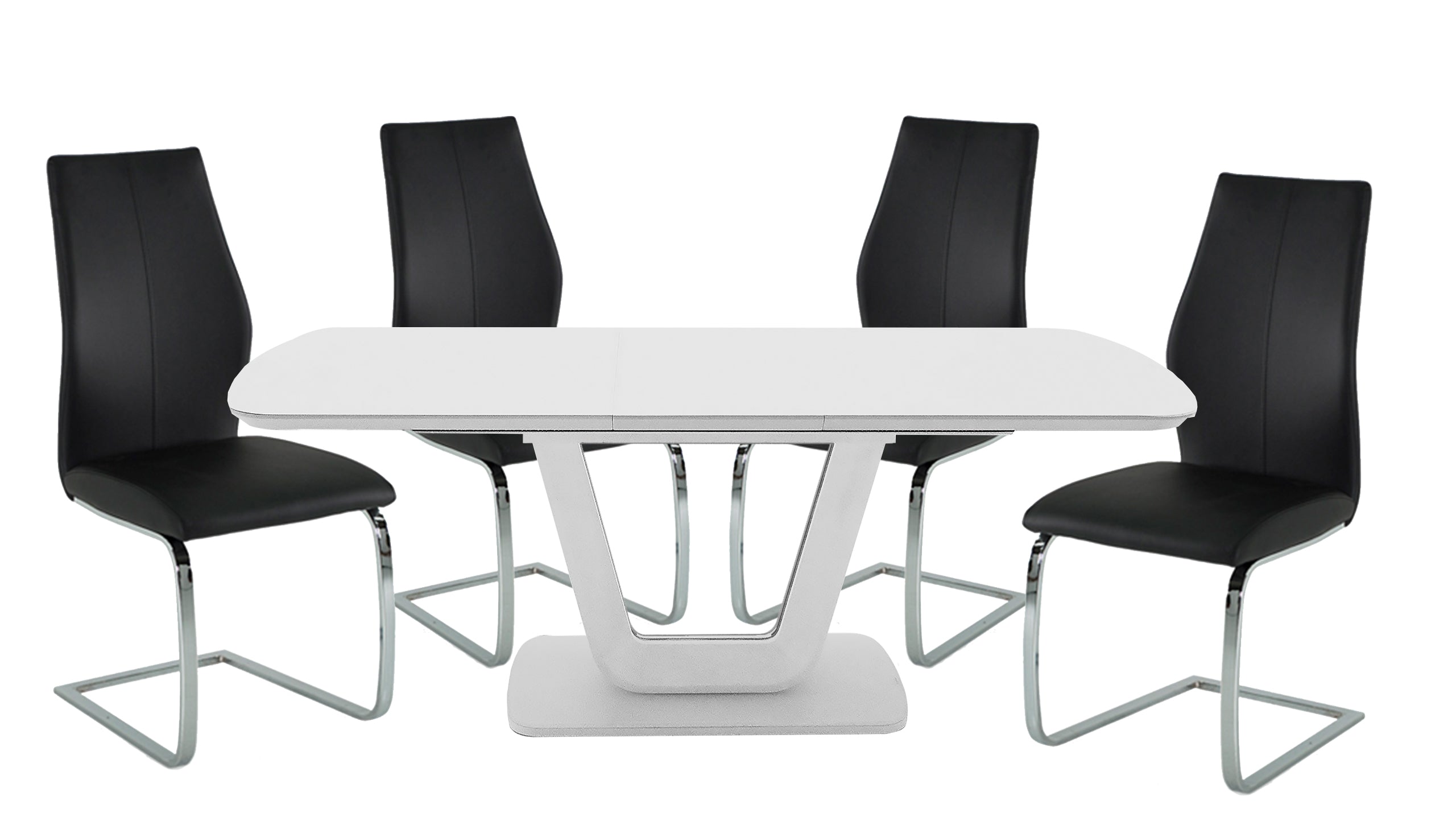 Stockholm 1.2m Extending Dining Table in White with 4 Chairs with Stainless Steel Legs