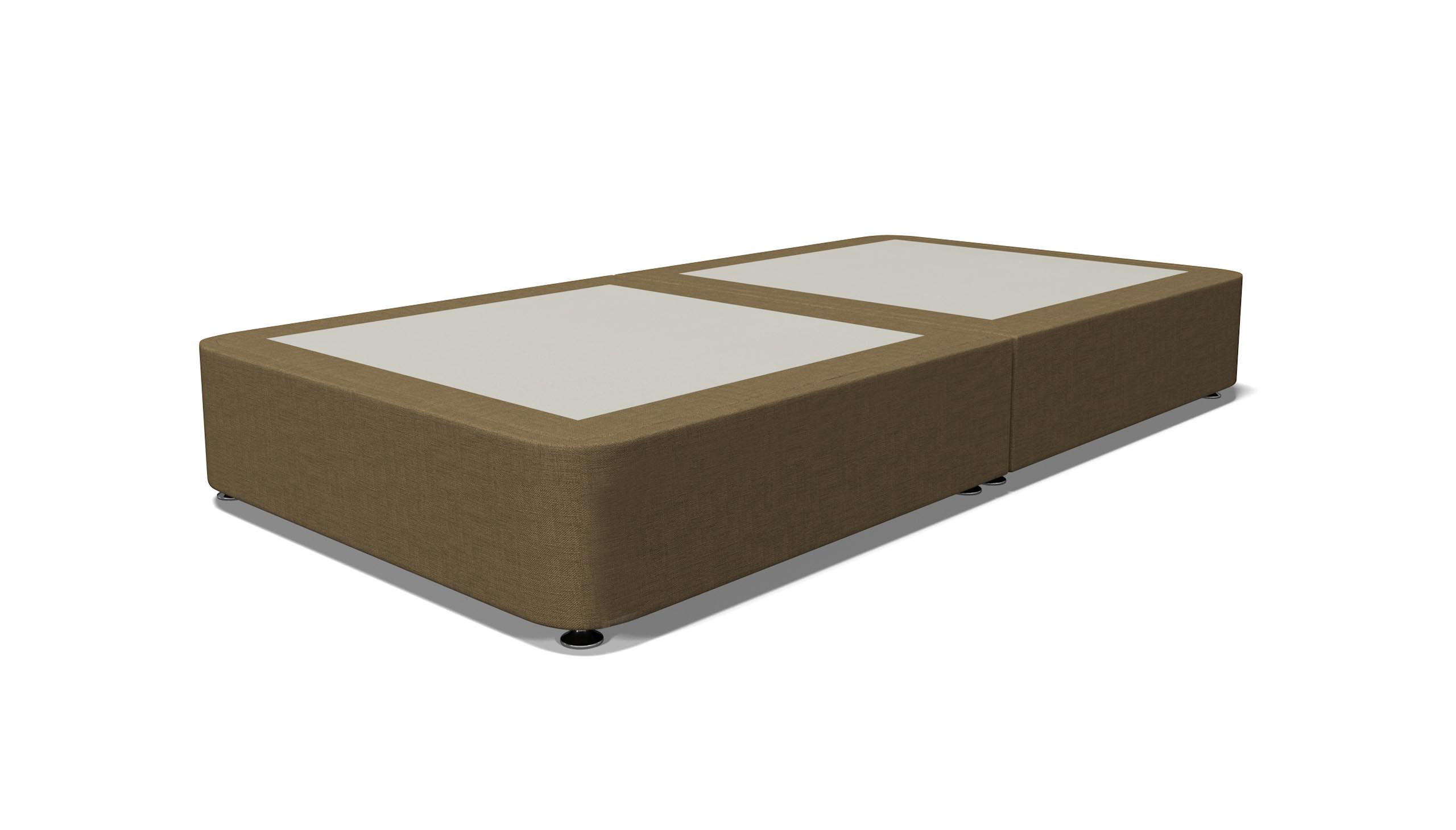 brown fabric single bed base with silver caster feet